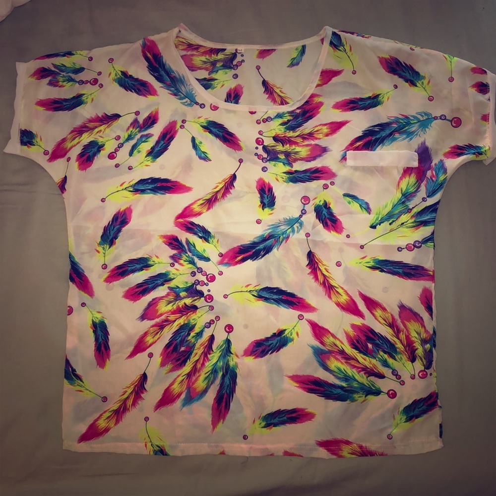 Loose Chiffon Neon Feather Printed Top